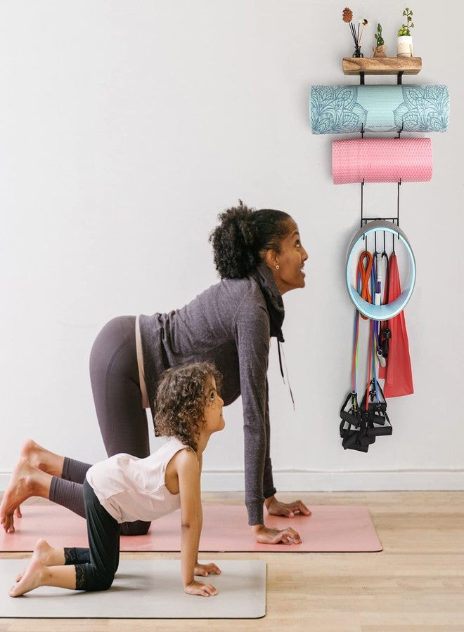 VINAEMO Yoga Mat Holder Accessories Wall Mount Organizer Storage Decor Foam Roller and Towel Storage Rack with 4 Hooks and Wooden Shelves Yoga Mats Rack Block Resistance Bands for Home Gym School - Image 2