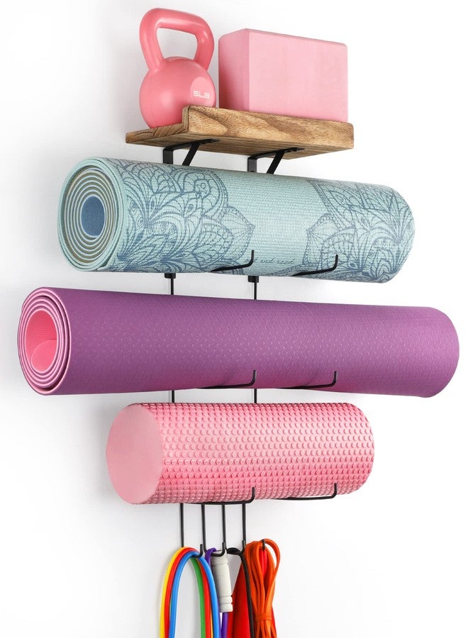 VINAEMO Yoga Mat Holder Accessories Wall Mount Organizer Storage Decor Foam Roller and Towel Storage Rack with 4 Hooks and Wooden Shelves Yoga Mats Rack Block Resistance Bands for Home Gym School - Image 1