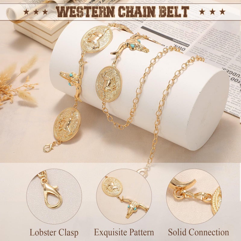 WHIPPY Western Metal Concho Belt for Women Vintage Cowgirl Boho Turquoise Chain Belts for Dresses Jeans, Gold, Bull Head Chain, Fit Waist Size Below 36 Inches - Image 3