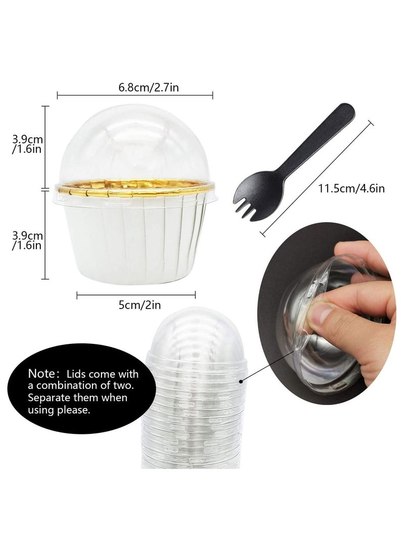 SYOSI Cupcake Liners with Dome Lids 50Pack,Free-Air 3.5Oz Mini Foil Baking Cups Muffin Liners,Disposable Ramekins Cupcake Tins Cupcake Wrappers for Wedding Birthday Party,with Spoons-White in gold - Image 2