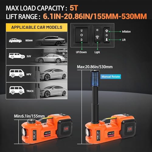 E-HEELP EHEELP Electric Car Jack Kit 5Ton 12V Hydraulic Car Jack Lift Lifting Range 61177 inch with Electric Impact Wrench for SUV MPV Sedan Truck Change Tires Garage Repair - Image 3