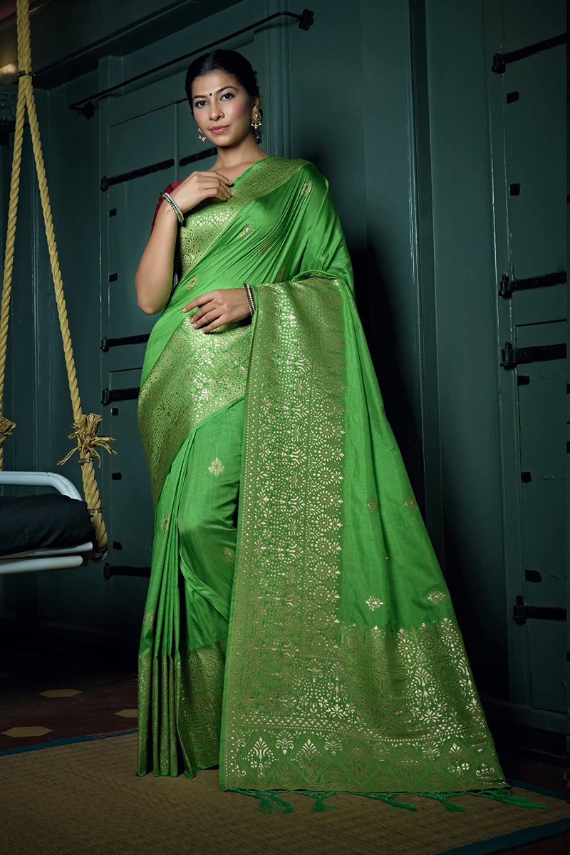 Vardha Women's Banarasi Raw Silk Saree With Blouse Piece (Kashika Silk_440_Green) - Image 3