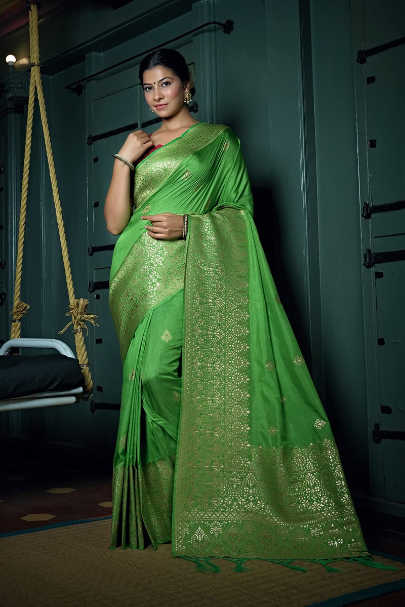 Vardha Women's Banarasi Raw Silk Saree With Blouse Piece (Kashika Silk_440_Green) - Image 2