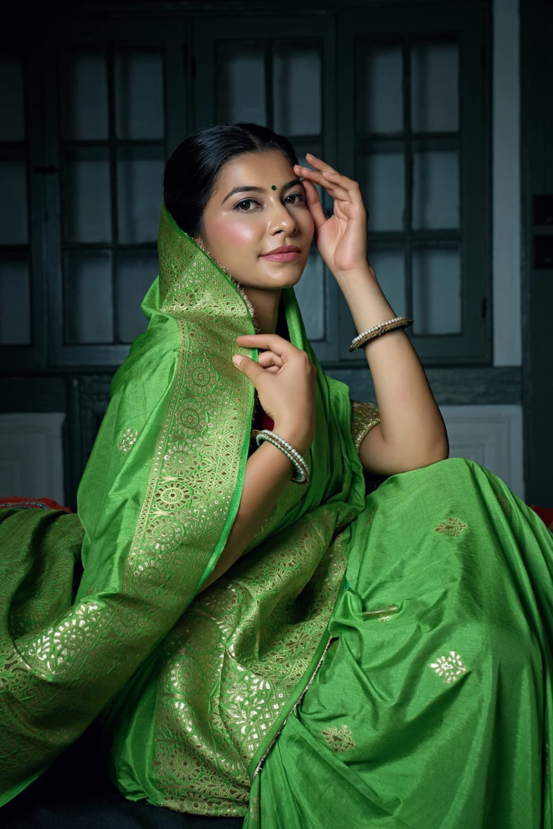 Vardha Women's Banarasi Raw Silk Saree With Blouse Piece (Kashika Silk_440_Green) - Image 5