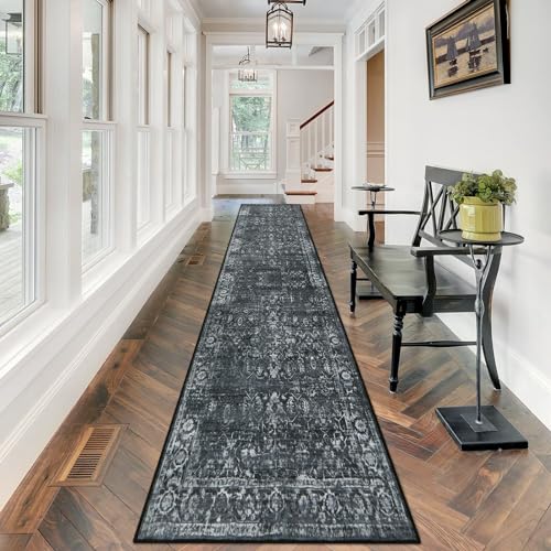 Morebes Black Vintage Carpet Runners for Hallway 12ft,Washable Long Runner Rug for Entryway Indoor Floor Non-Slip,Distressed Super Soft Throw Carpet for Farmhouse Dining Room Playroom - Image 1