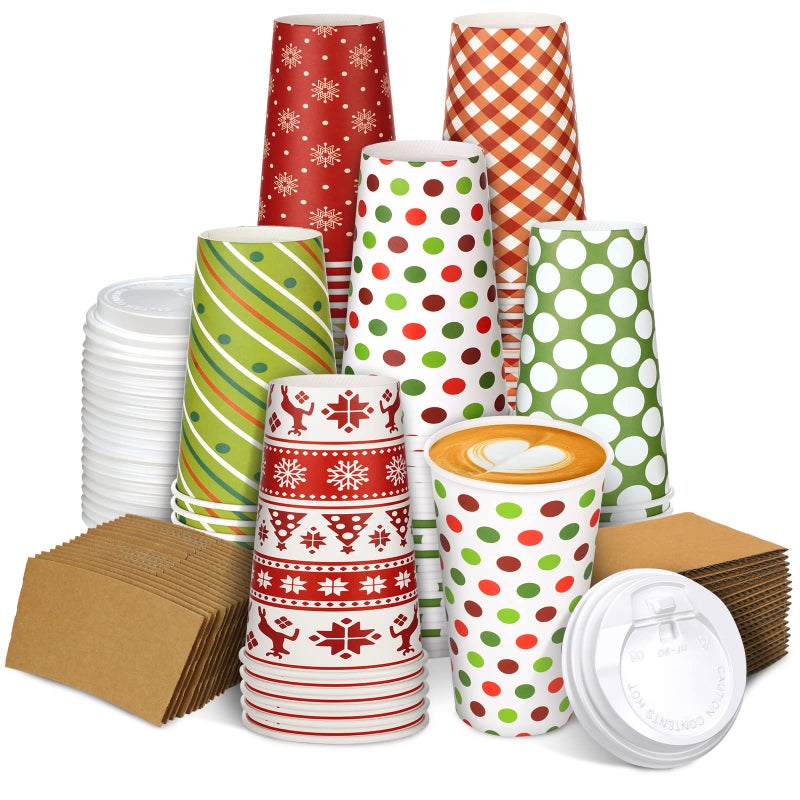 Dingion 90 Pcs30 Sets Christmas Paper Coffee Cups with Lids and Sleeves 16 oz Holiday Hot Cups Disposable Hot Cocoa Party Paper Cups for Hot Chocolate