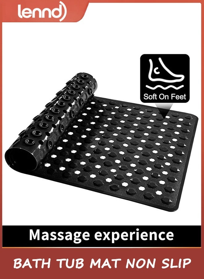 LENND Bath Tub Mat Non Slip, 90x40cm Long Shower Mat, Machine Washable Bathmat with Drain Holes and Suction Cups, Soft on Feet, Bathroom Essentials, Black - Image 1