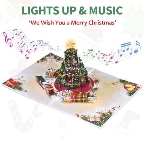 Venhoo Pop Up Christmas Cards with Light and Music, Christmas Tree Design, Handmade 3D Popup Musical Greeting Card for Christmas Holiday Includes Envelop, Playing-We Wish You a Merry Christmas - Image 2