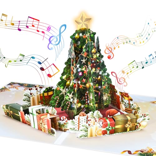 Venhoo Pop Up Christmas Cards with Light and Music, Christmas Tree Design, Handmade 3D Popup Musical Greeting Card for Christmas Holiday Includes Envelop, Playing-We Wish You a Merry Christmas - Image 1