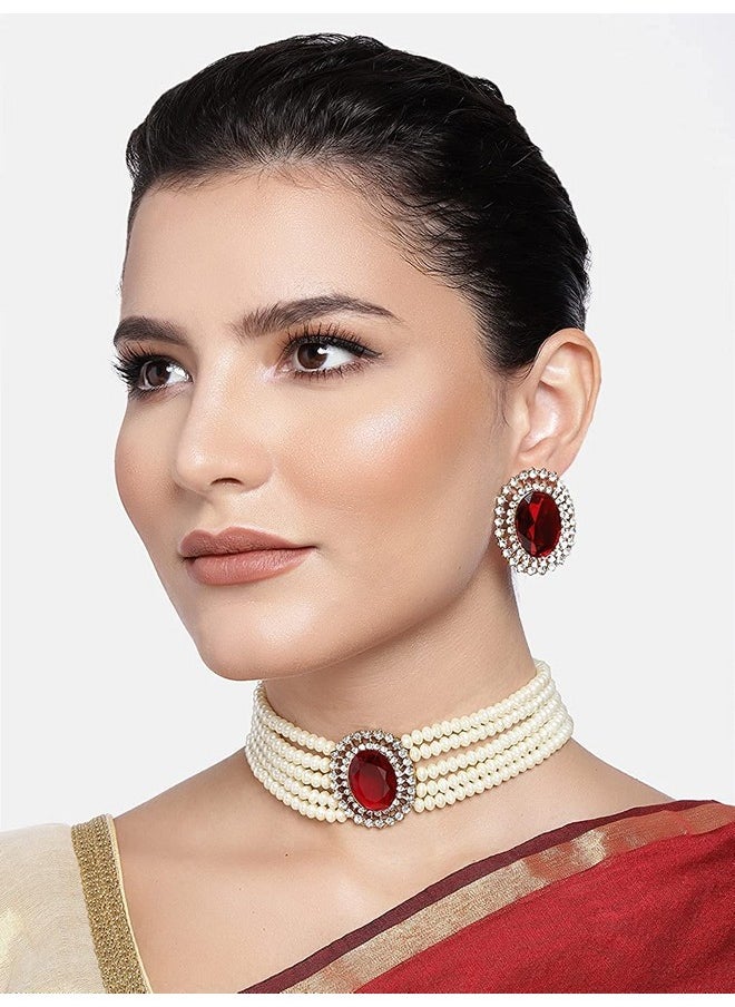 I Jewels I Jewels Gold Plated Traditional Stone Studded Pearl Choker Necklace Jewellery Set For Women/Girls (ML316M)  - Image 4
