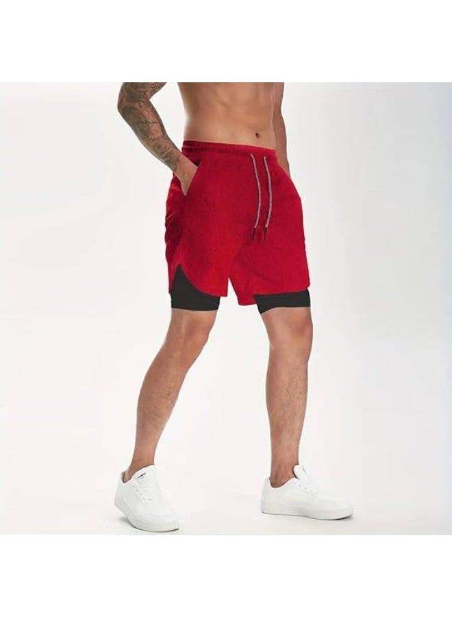 VITION Gym Shorts for Men, Men's Activewear Running Shorts,Drawstring Gym Shorts Men, 2 Layer Loose Athletic Shorts with 4 Pockets (Large, Red) - Image 2