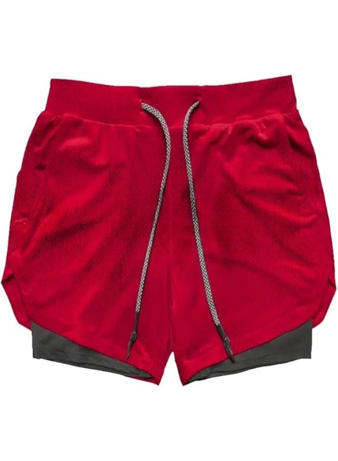 VITION Gym Shorts for Men, Men's Activewear Running Shorts,Drawstring Gym Shorts Men, 2 Layer Loose Athletic Shorts with 4 Pockets (Large, Red) - Image 1