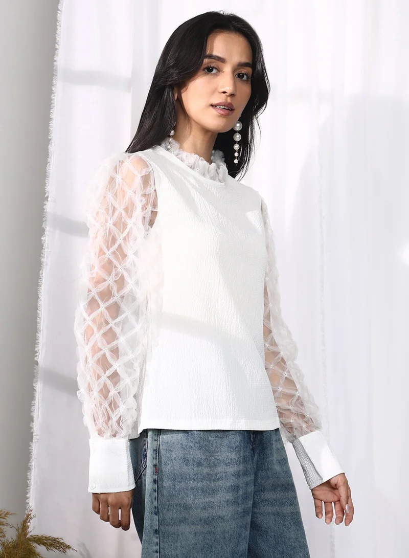 Women's Powder White Sheer Block Top For Casual Wear | Mock Neck | Long Sleeve | Button Closure | Top Designed With Comfortable Fit For Woman & Girls