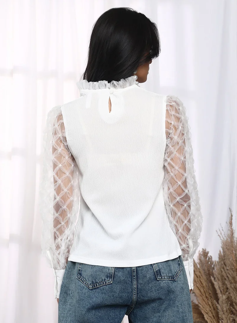 Pinacolada  Women's Powder White Sheer Block Top For Casual Wear | Mock Neck | Long Sleeve | Button Closure | Top Designed With Comfortable Fit For Woman & Girls for Women | Best Price UAE
