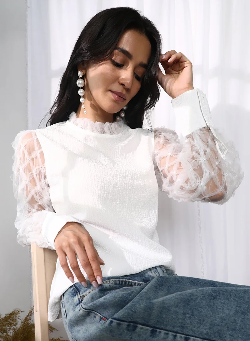 Pinacolada  Women's Powder White Sheer Block Top For Casual Wear | Mock Neck | Long Sleeve | Button Closure | Top Designed With Comfortable Fit For Woman & Girls for Women | Best Price UAE