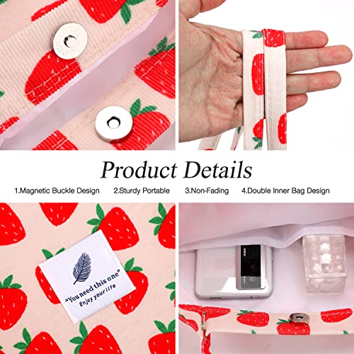 LHMTQVK Corduroy Tote Bags for Women, Large Capacity Corduroy Bag Reusable Grocery Shoulder Bag with Inner Pockets(Strawberry) - Image 4