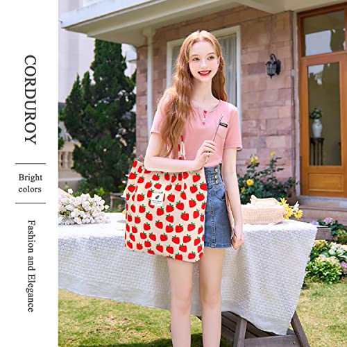 LHMTQVK Corduroy Tote Bags for Women, Large Capacity Corduroy Bag Reusable Grocery Shoulder Bag with Inner Pockets(Strawberry) - Image 5