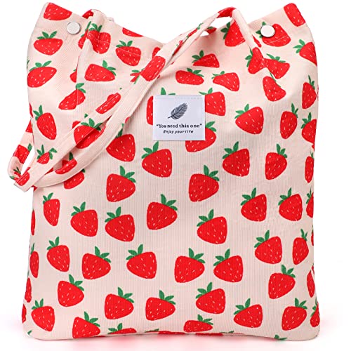 LHMTQVK Corduroy Tote Bags for Women, Large Capacity Corduroy Bag Reusable Grocery Shoulder Bag with Inner Pockets(Strawberry) - Image 1