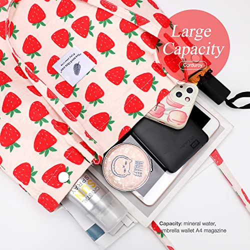LHMTQVK Corduroy Tote Bags for Women, Large Capacity Corduroy Bag Reusable Grocery Shoulder Bag with Inner Pockets(Strawberry) - Image 3