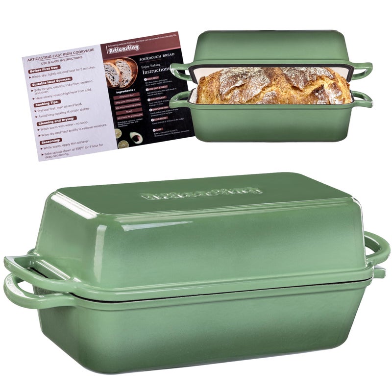 Articasting 11x5 Inch Cast Iron Loaf Pan With Lid, 5.8 Qt Large Loaf Pans for Sourdough Bread Baking, Heavy Duty Dutch Oven Bread Pan For a Crispy Crust, Pistachio - Image 1