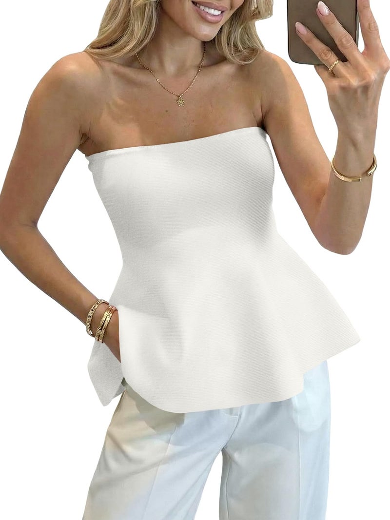 Saodimallsu Womens Peplum Tube Tops Sleeveless Strapless Bandeau Tank Top 2026 Summer Cute Ruffle Knit Sweater Vest White - Image 1