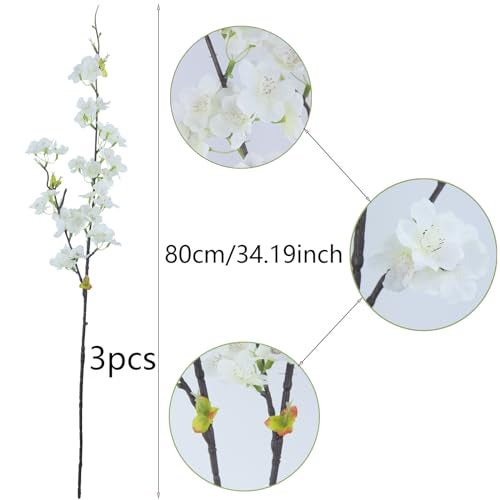 CITYES 3 Pcs Artificial Cherry Blossom Branches Flowers White Silk Peach Flowers Bulk Faux Spring Branches Arrangement Fake Cherry Stems for Indoor Outdoor Party DIY Wedding Table Vase Decor - Image 2
