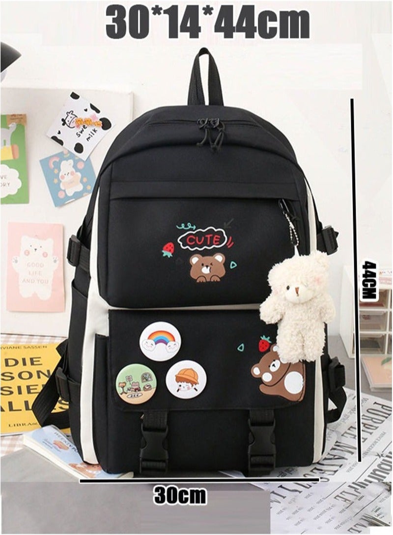 Yoawllty School Bags for Girls, 5 Pcs School Bag Set with Charms and Pins, Pencil Case, Tote Bag and Small Bag for Student(Black)  - Image 2