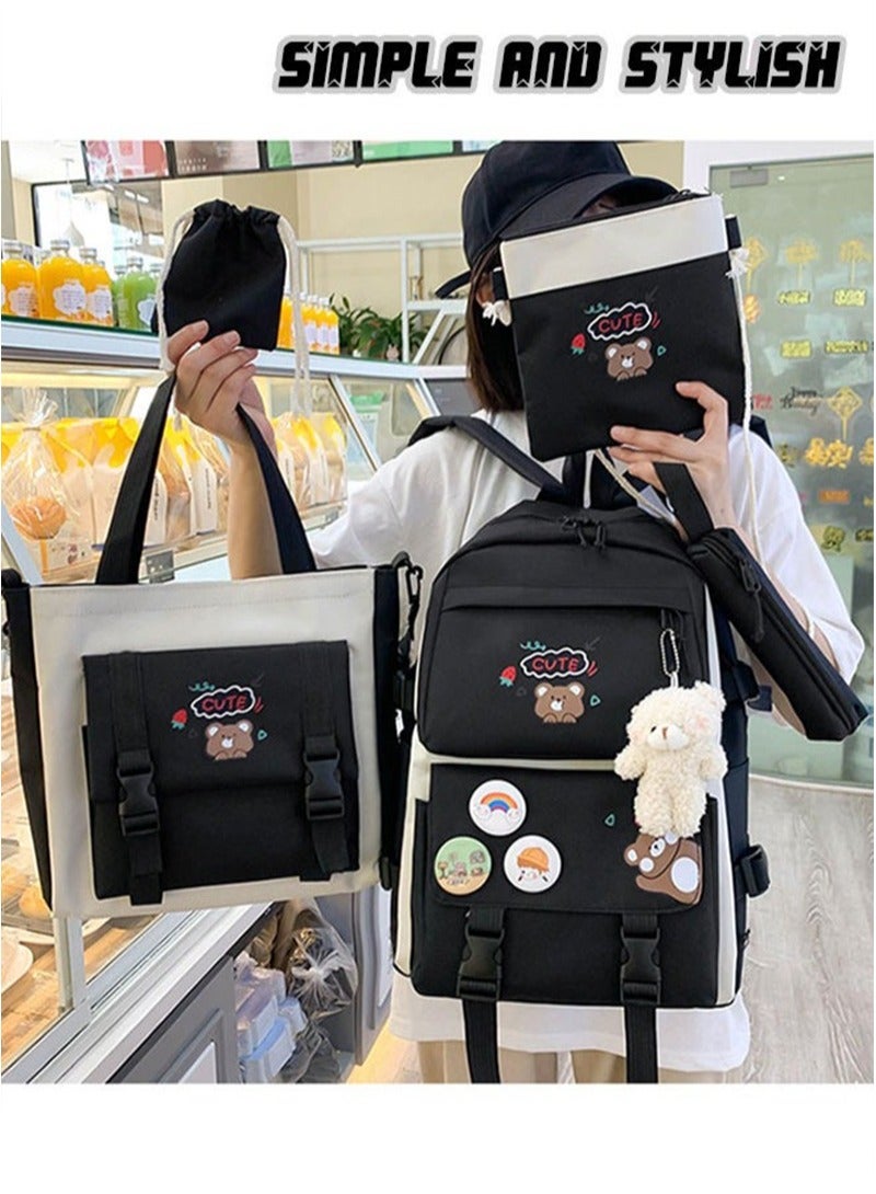 Yoawllty School Bags for Girls, 5 Pcs School Bag Set with Charms and Pins, Pencil Case, Tote Bag and Small Bag for Student(Black)  - Image 3