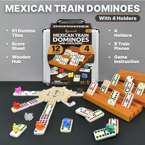 Queensell Mexican Train Dominoes Set with 4 Holders Dominoes Double 12 with Wooden Hub and Tiles Holders Double 12 Dominos Set for Family Game Night for Adults and Kids Ages 8 and up D12 4 Holders - Image 5