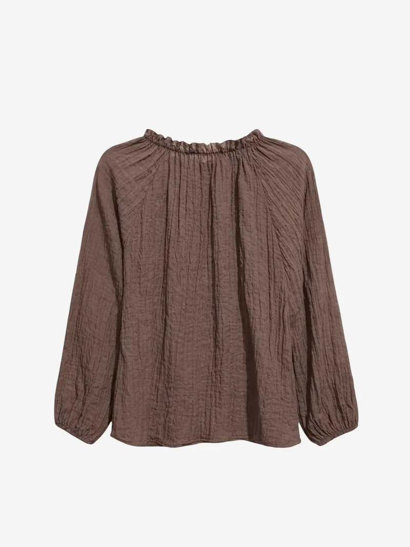 Mixray Coffee Brown MIXRAY Crew Neck Tie Detail Blouse for Women | Best Price UAE