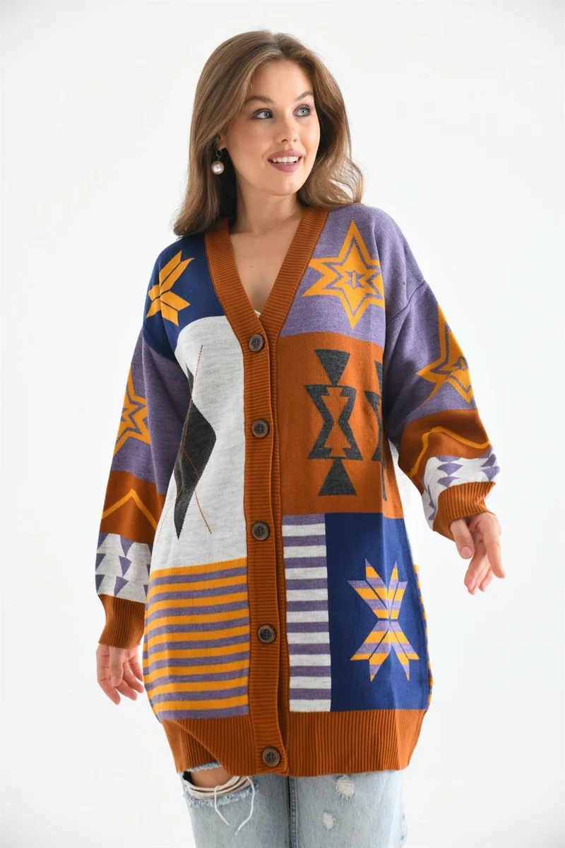 جارمي Women's Ethnic Pattern Cardigan Brick