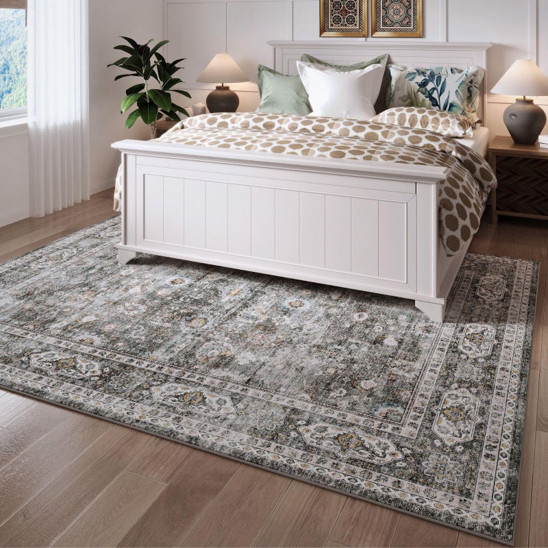 Rugcomf 9x12 Rug Washable Boho Soft Large Area Rug Non-Slip Faux Wool Vintage Rug for Living Room, Farmhouse, Dining Room, Indoor, Kids Playroom (Grey) - Image 2