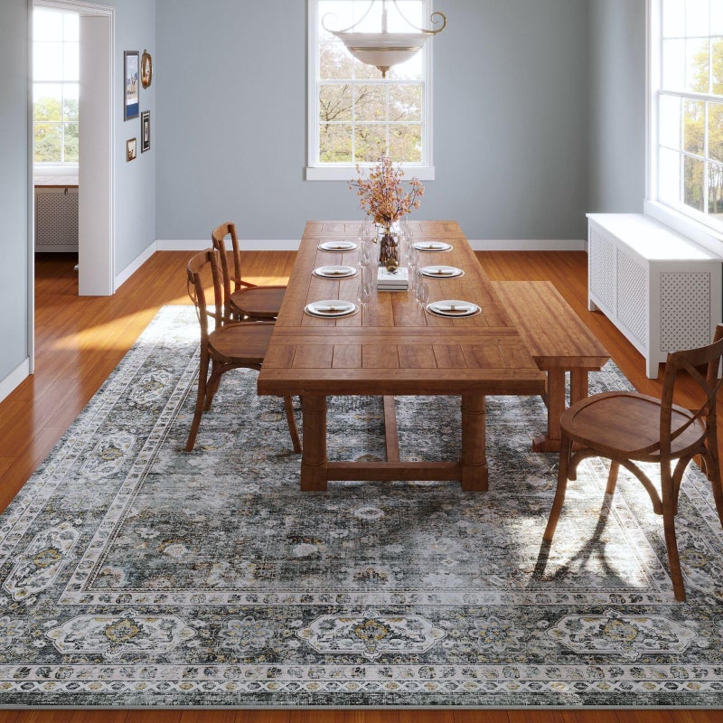 Rugcomf 9x12 Rug Washable Boho Soft Large Area Rug Non-Slip Faux Wool Vintage Rug for Living Room, Farmhouse, Dining Room, Indoor, Kids Playroom (Grey) - Image 3