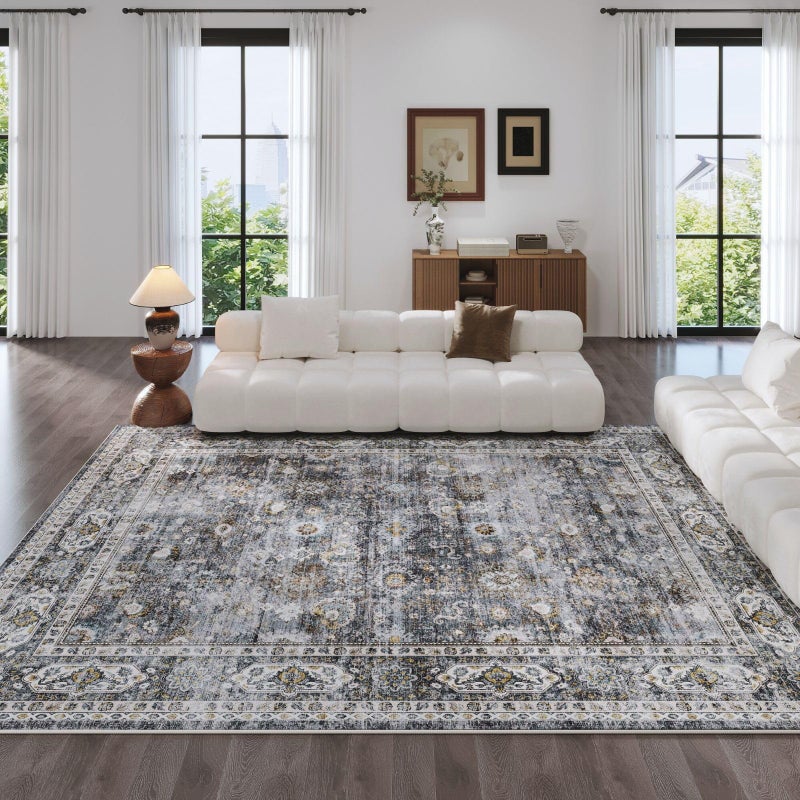 Rugcomf 9x12 Rug Washable Boho Soft Large Area Rug Non-Slip Faux Wool Vintage Rug for Living Room, Farmhouse, Dining Room, Indoor, Kids Playroom (Grey) - Image 4