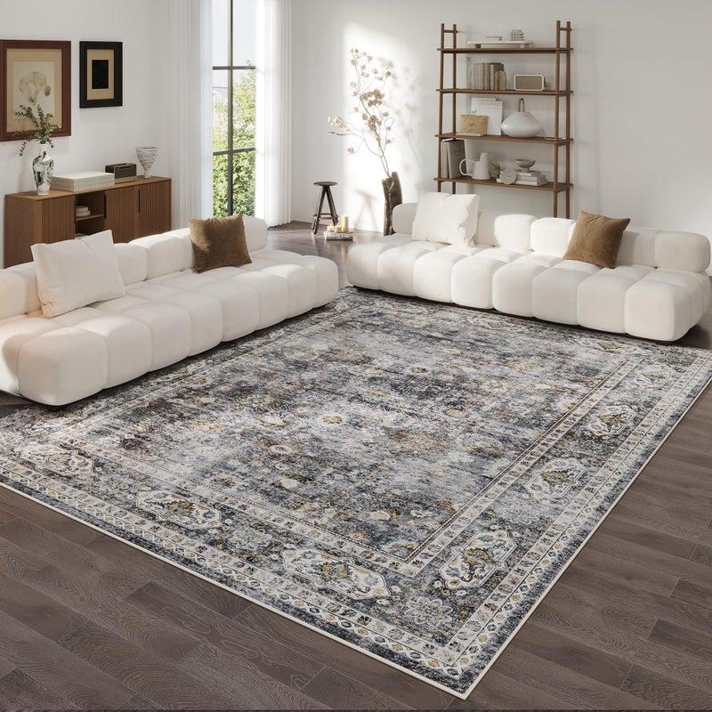 Rugcomf 9x12 Rug Washable Boho Soft Large Area Rug Non-Slip Faux Wool Vintage Rug for Living Room, Farmhouse, Dining Room, Indoor, Kids Playroom (Grey) - Image 1