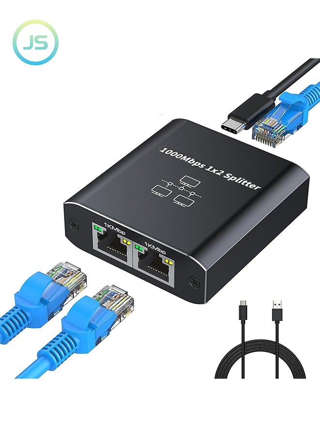 JS Gigabit Ethernet Splitter 1 to 2 - Network Splitter with USB Power Cable, RJ45 Internet Splitter Adapter 1000Mbps High Speed for Cat 5/5e/6/7/8 Cable [2 Devices Networked Simultaneously] - Image 1