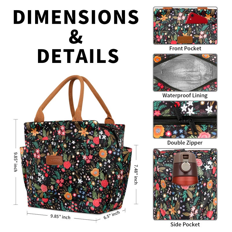 Joymee Lunch Bag Women Insulated Lunch Box Reusable Leakproof Large Spacious Cooler Tote for Womens Mens Adults with Bottle Holder and Side Pockets for Work Office Travel Picnic - Multi-Floral - Image 2