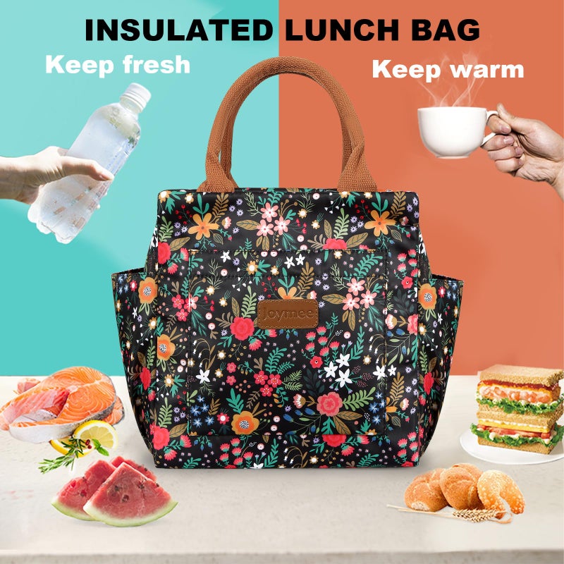 Joymee Lunch Bag Women Insulated Lunch Box Reusable Leakproof Large Spacious Cooler Tote for Womens Mens Adults with Bottle Holder and Side Pockets for Work Office Travel Picnic - Multi-Floral - Image 5