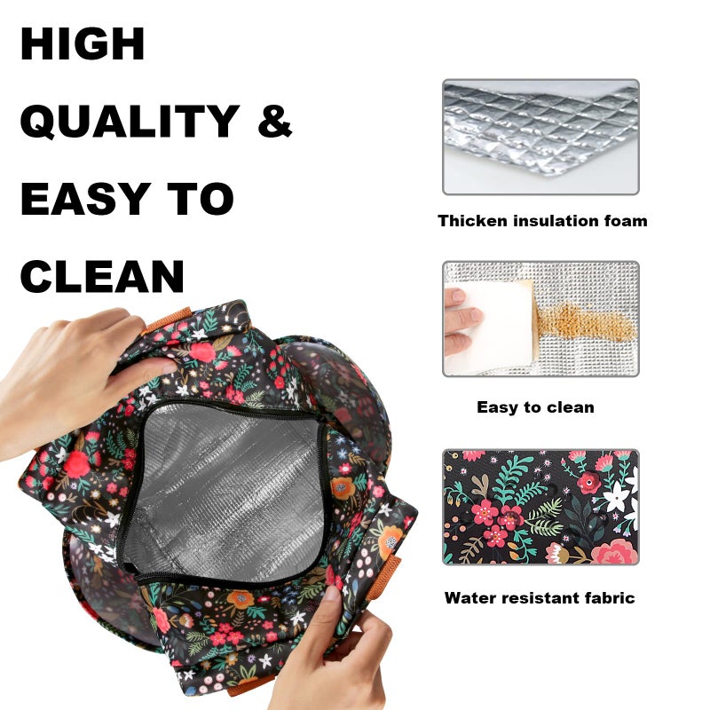 Joymee Lunch Bag Women Insulated Lunch Box Reusable Leakproof Large Spacious Cooler Tote for Womens Mens Adults with Bottle Holder and Side Pockets for Work Office Travel Picnic - Multi-Floral - Image 4