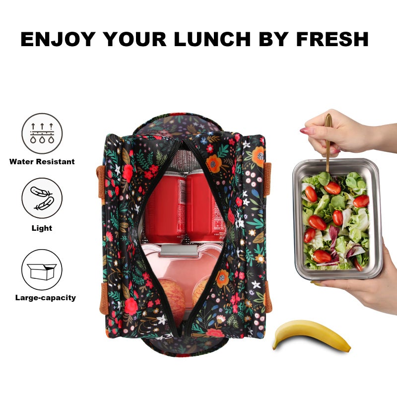 Joymee Lunch Bag Women Insulated Lunch Box Reusable Leakproof Large Spacious Cooler Tote for Womens Mens Adults with Bottle Holder and Side Pockets for Work Office Travel Picnic - Multi-Floral - Image 3