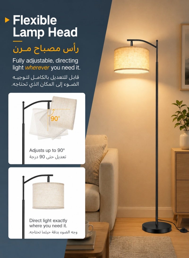 OUTON Modern Floor Lamp with Linen Shade,Tall Standing Lamp for Living Room,Bedroom,Office,Foot Switch,E27 Socket,2700K LED Bulb Included Soft Light Black 158 cm - Image 4