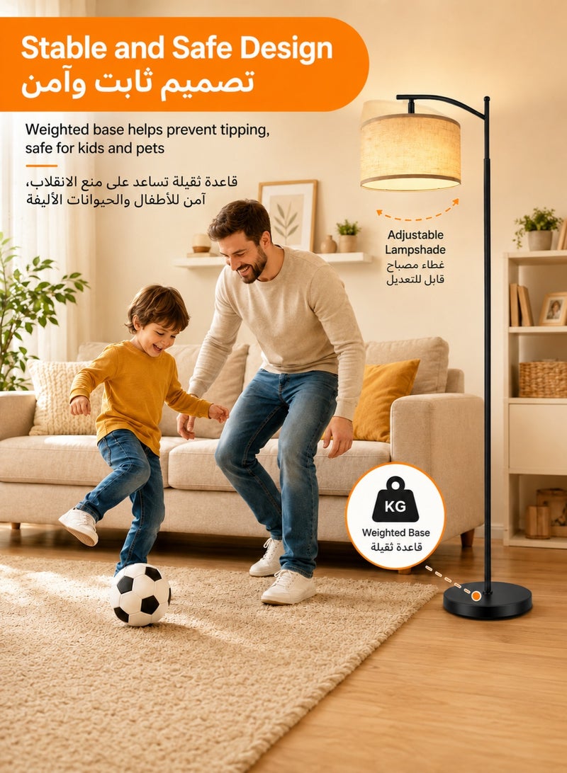 OUTON Modern Floor Lamp with Linen Shade,Tall Standing Lamp for Living Room,Bedroom,Office,Foot Switch,E27 Socket,2700K LED Bulb Included Soft Light Black 158 cm - Image 5