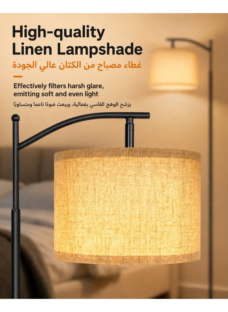 OUTON Modern Floor Lamp with Linen Shade,Tall Standing Lamp for Living Room,Bedroom,Office,Foot Switch,E27 Socket,2700K LED Bulb Included Soft Light Black 158 cm - Image 3