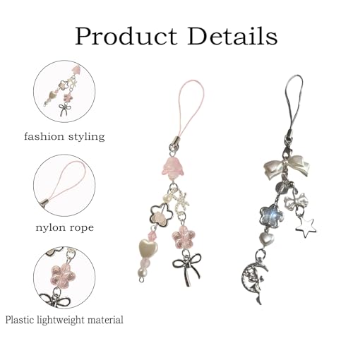 XFSAFDM 2PCS Phone Charms For Girls, Aesthetic Mobile Phone Charms With Bow And Heart Design, Aesthetic Phone Pendant, Fashion Accessories For Smartphones, Silvery And Pink - Image 3