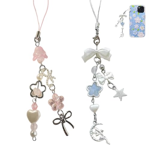 XFSAFDM 2PCS Phone Charms For Girls, Aesthetic Mobile Phone Charms With Bow And Heart Design, Aesthetic Phone Pendant, Fashion Accessories For Smartphones, Silvery And Pink - Image 1
