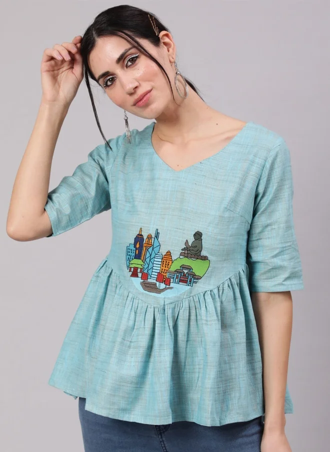 أيه كيه إس Blue Embroidered Tunic for Women