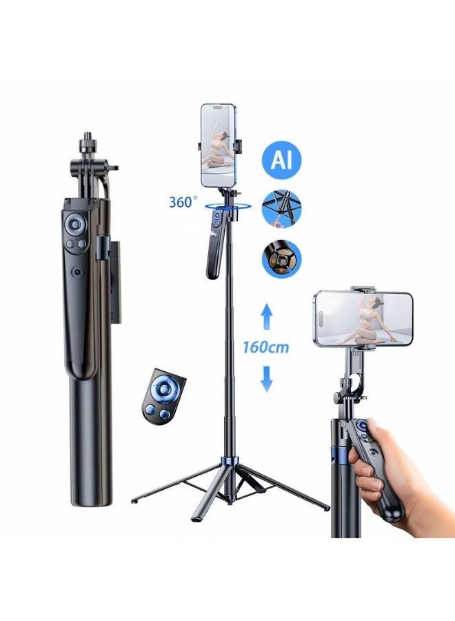 BlueFire AI Auto Following Tripod with Face Tracking, Wireless Remote Control, 360° Rotation, Adjustable Height up to 160cm, Aluminum Alloy Selfie Stick Tripod, Intelligent Shooting, Live Streaming Stand, Portable Foldable Tripod for Smartphone Video Recording - Image 1