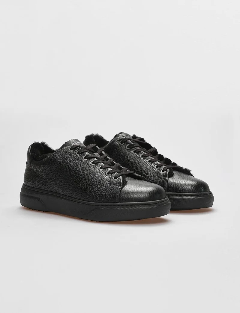Cabani Genuine Leather Black Fur Lace-up Men's Sports Shoes