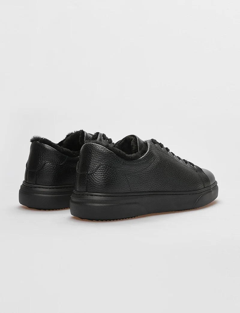 Cabani Genuine Leather Black Fur Lace-up Men's Sports Shoes