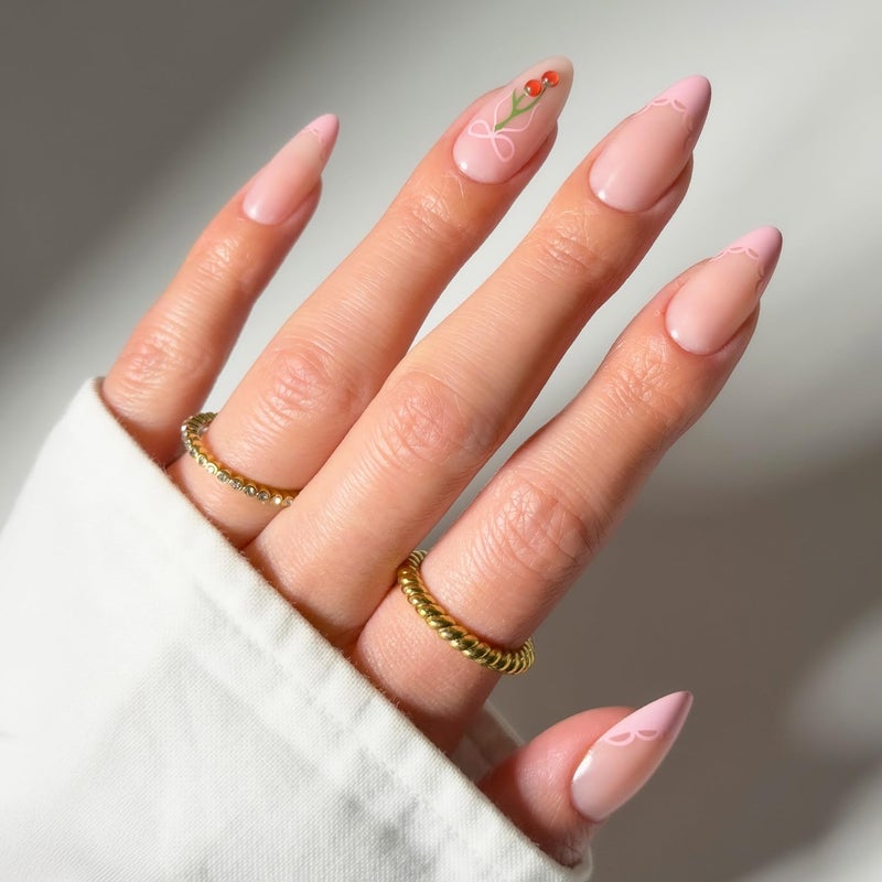 Glamnetic Press On Nails - Cherry Bow | Medium Almond Fake Nails with Pink French Tips, Lace Trim & 3D Cherry Accents in Glossy Finish, Salon Quality | 15 Sizes - 30 Nail Kit with Glue Market mainstream color picks - Image 1